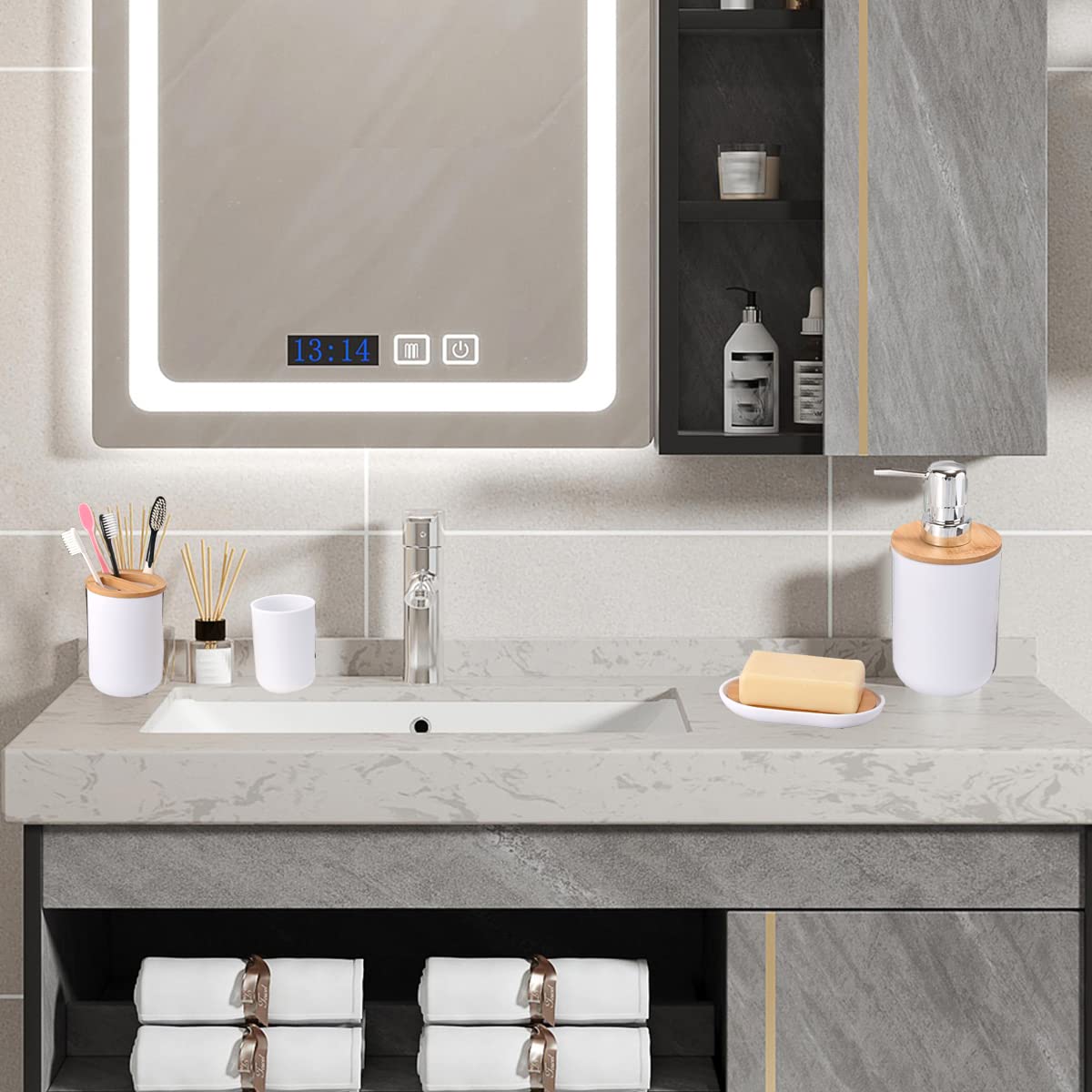 Yorkmills Bamboo Bathroom Accessories, 6 Pieces White Bathroom Accessory set, Bathroom Bin Toilet Brush Set, Durable Toothbrush Holder Cup