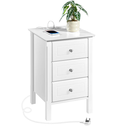 Yaheetech Charging Bedside Table with 3 Drawers, White