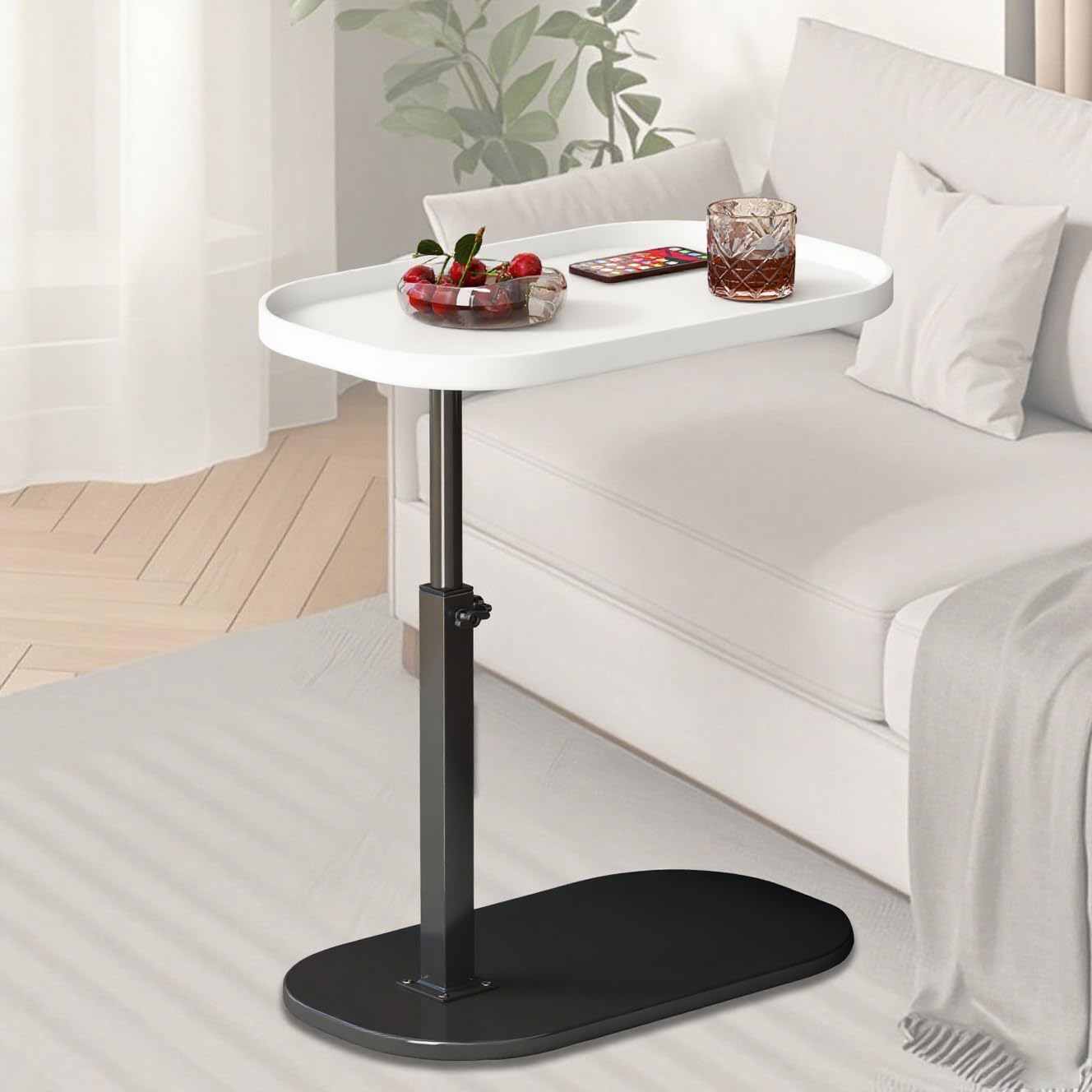 Adjustable Height C Shaped Side Table, Lift up Laptop Tv Tray for Sofa and Bedside, 360°Swivel Small Coffee C Table, Modern Under Sofa Table