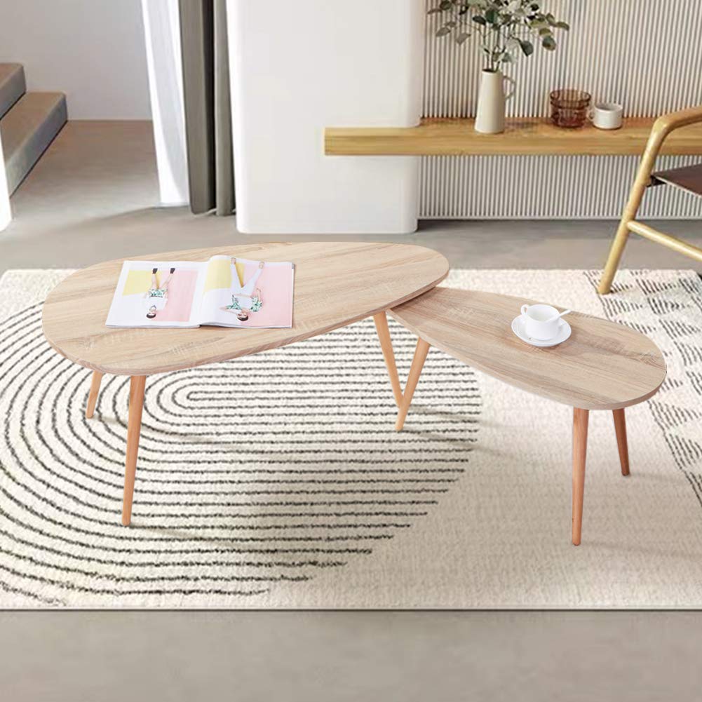 GOLDFAN Triangle Solid Wood Coffee Table Set Nest of 2 Tables Modern Sofa Coffee Side Table for Living Room Office Furniture