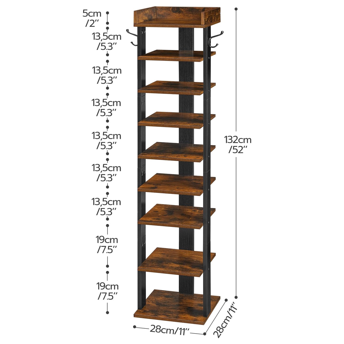 HOOBRO Narrow Shoe Rack, 9-Tier Tall Shoe Rack, Wooden Shoe Storage Organizer with 2 Hooks, Slim Shelf, Vertical Shoe Tower for Entrance, Industrial