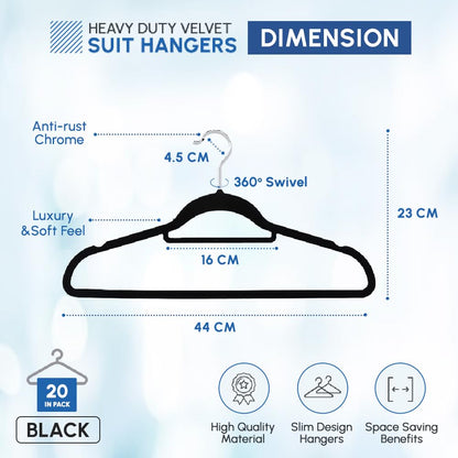 1ABOVE Premium Quality 20 pack Non-Slip Velvet Hangers 44cm Heavy Duty Velvet Suit Hangers with Tie Bar, 360° Swivel Hooks – Space saving