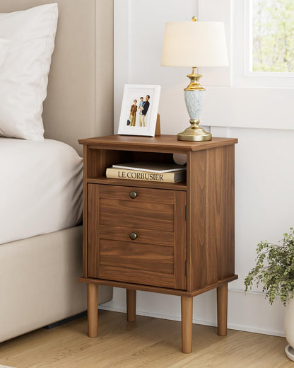 HEYZOEY Wooden Bedside Cabinet with Door & Open Top Shelf – Side Table for Bedroom & Living Room,Fits Small Space Walnut 15.35″x 11.42″x23.5″