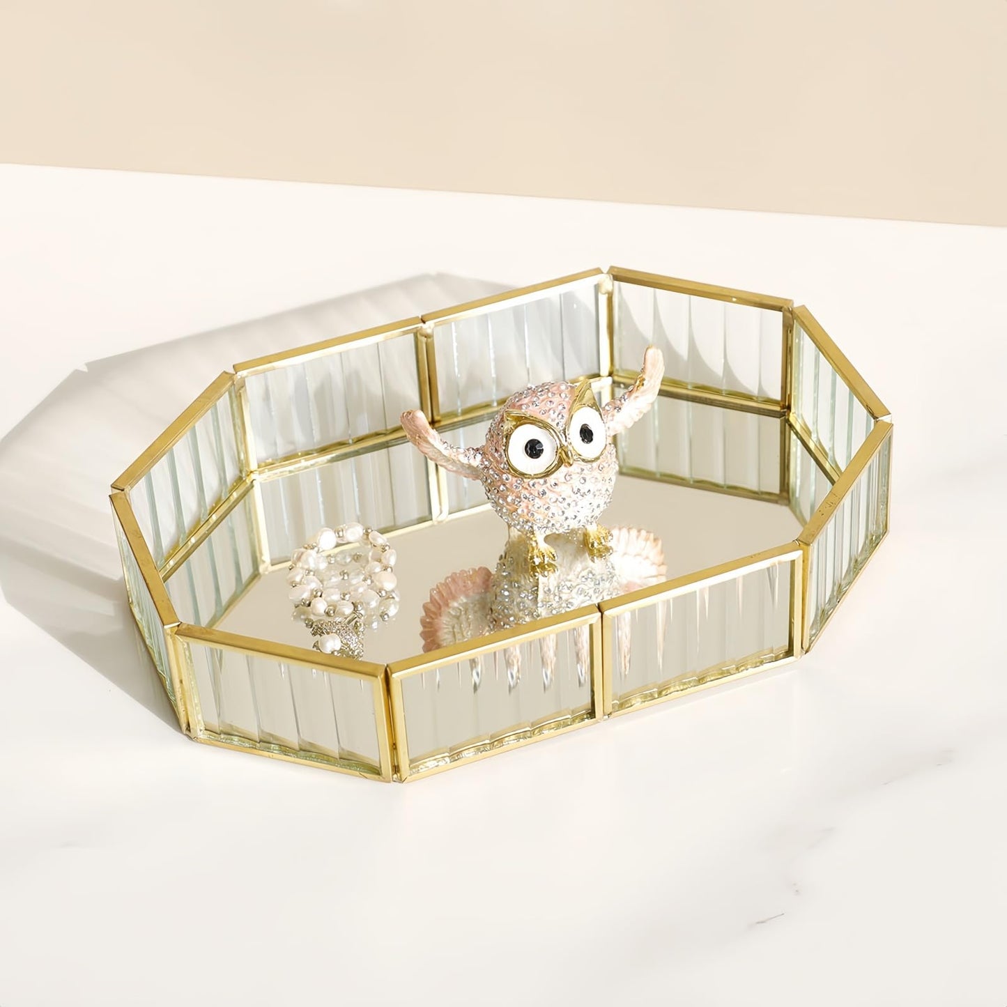 SLHEQING Mirror Tray Gold Vintage Perfume Tray Makeup Jewelry Organizer, Glass Vanity Tray Metal Polygon Tray