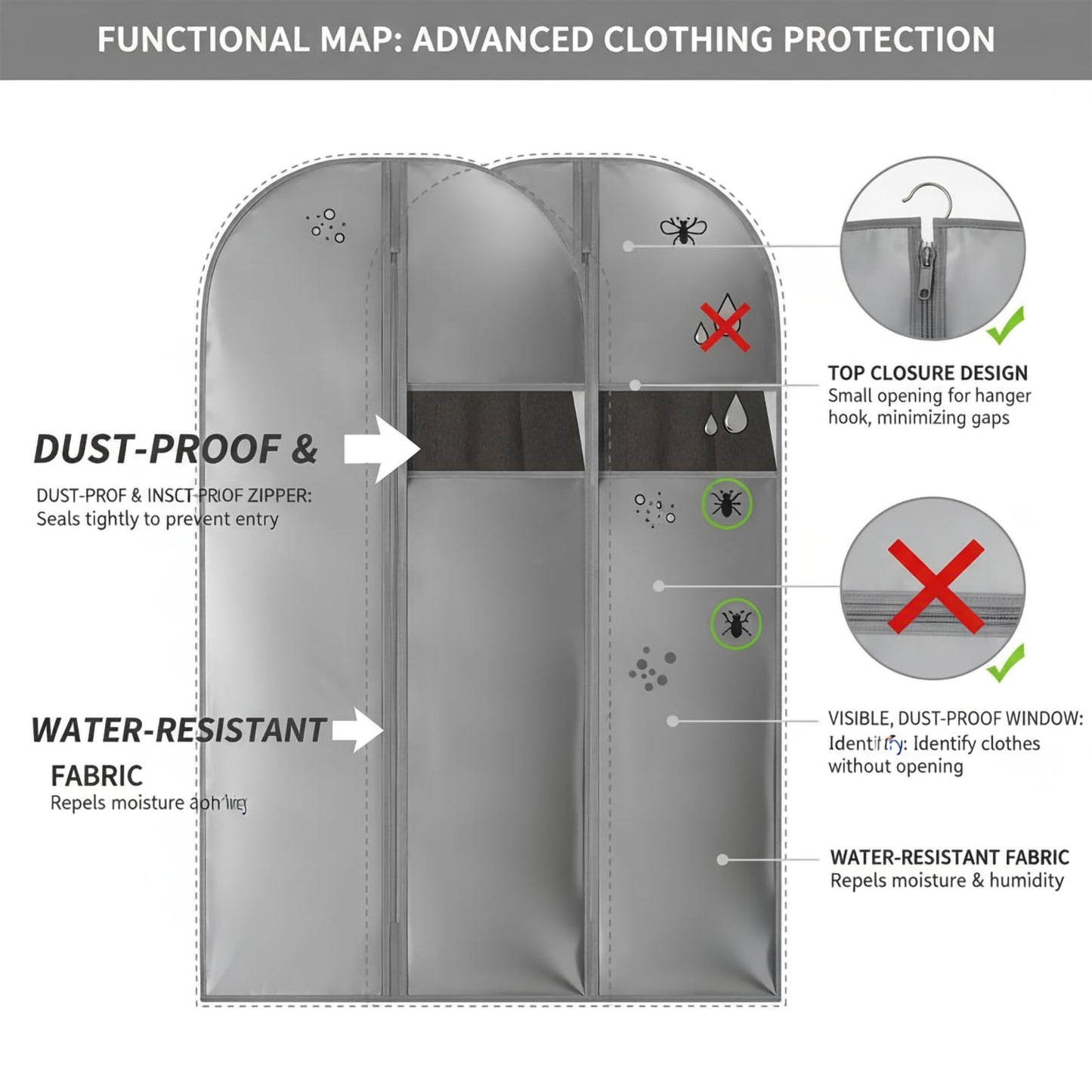 Suit Bag for Hanging Clothes, Suit Covers for Men, Grey, 60x110cm, 2Pcs