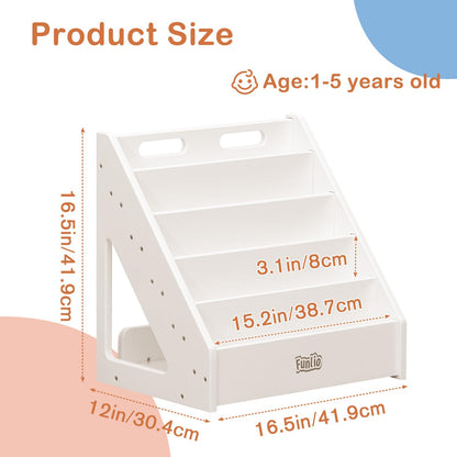 FUNLIO Montessori Kids Bookshelf for 1-5 Years, Premium Pine Childrens Bookcase with Anti-Tilting Device & Handle