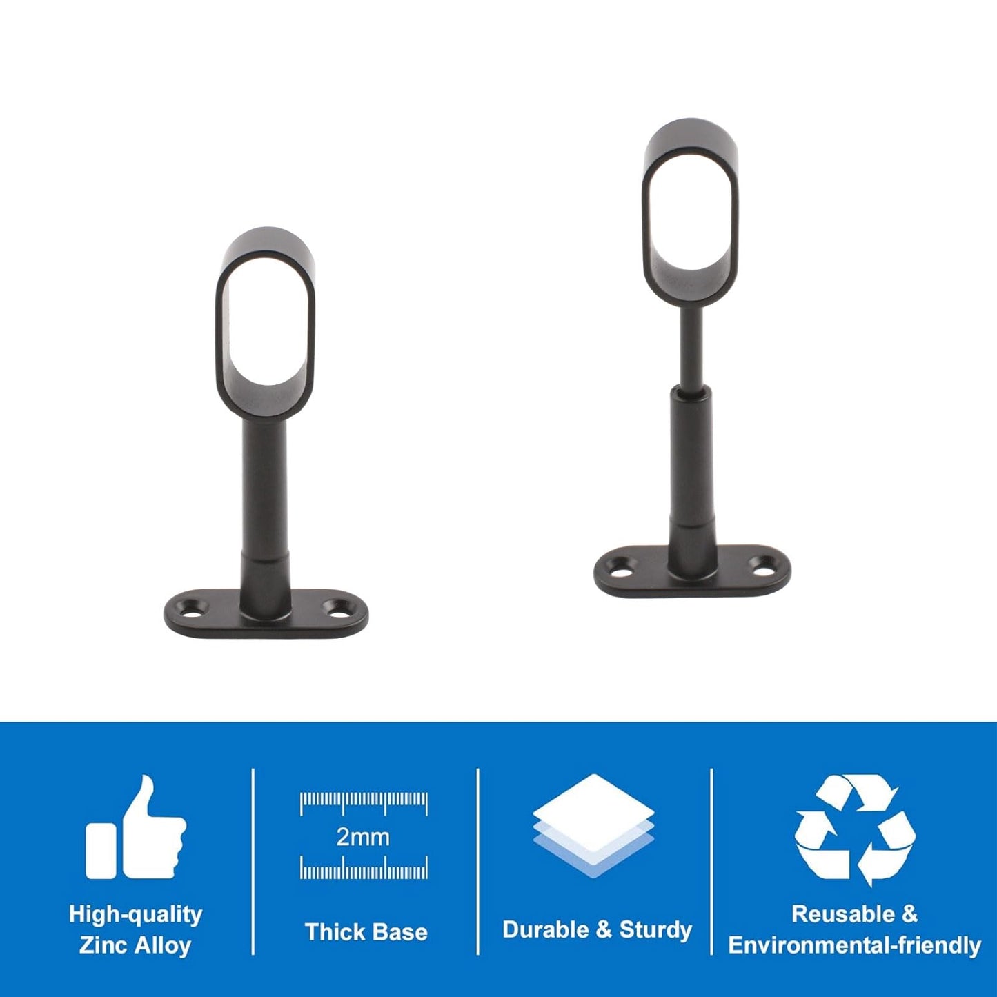 INCREWAY Oval Wardrobe Rod Support, Black Zinc Alloy Ends, Adjustable Hollow Rod Bracket, for Bedroom & Bathroom