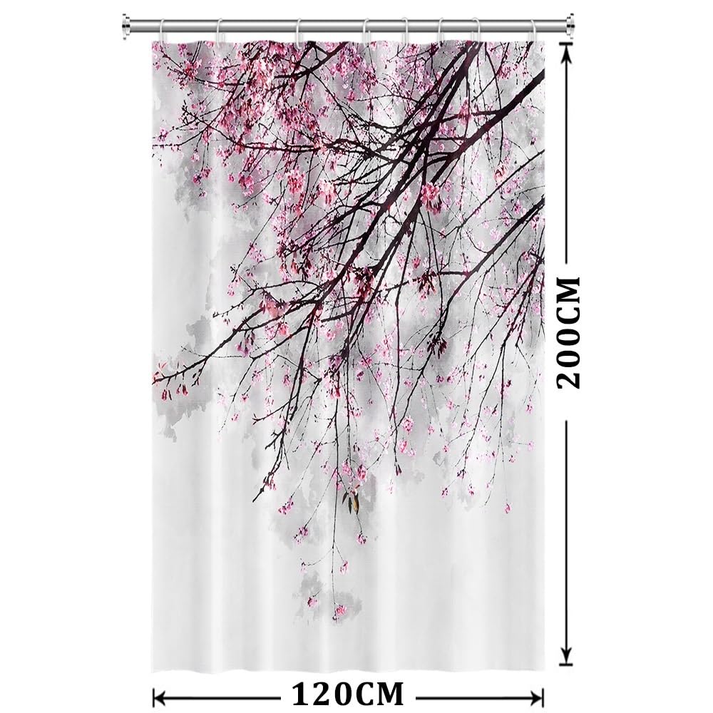Xiaoterna Spring Shower Curtain Cherry Blossom Shower Curtain Red Plum Floral Bathroom Curtain Chinese Oriental Ink Painting Floral Shower Curtain
