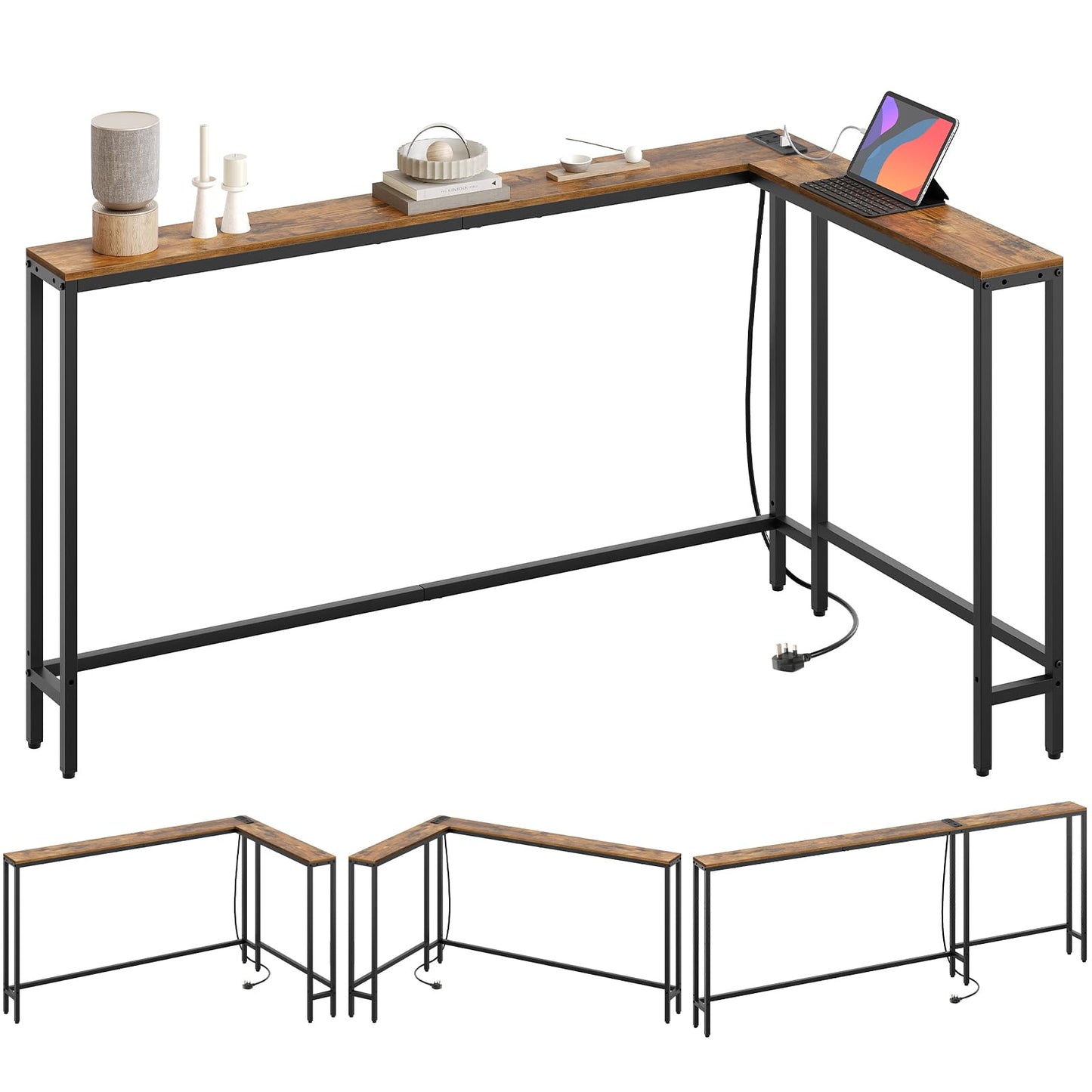 YATINEY Slim Console Table, 200 cm Narrow Sofa Table with Power Outlets, Behind Entryway Table, 3 Assembly Options, for Entryway