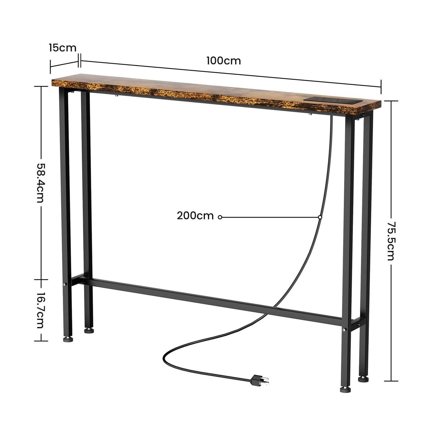 Keelian 100 cm Behind Sofa Console Table with Power Outlet Rustic Brown