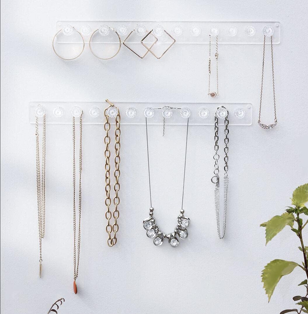 Aegistus 2 Pcs Necklace Holder, Acrylic Necklace Hanger, Wall Mont Necklace Organizer, Jewelry Hooks for Necklaces, Bracelets, Chains (Clear)