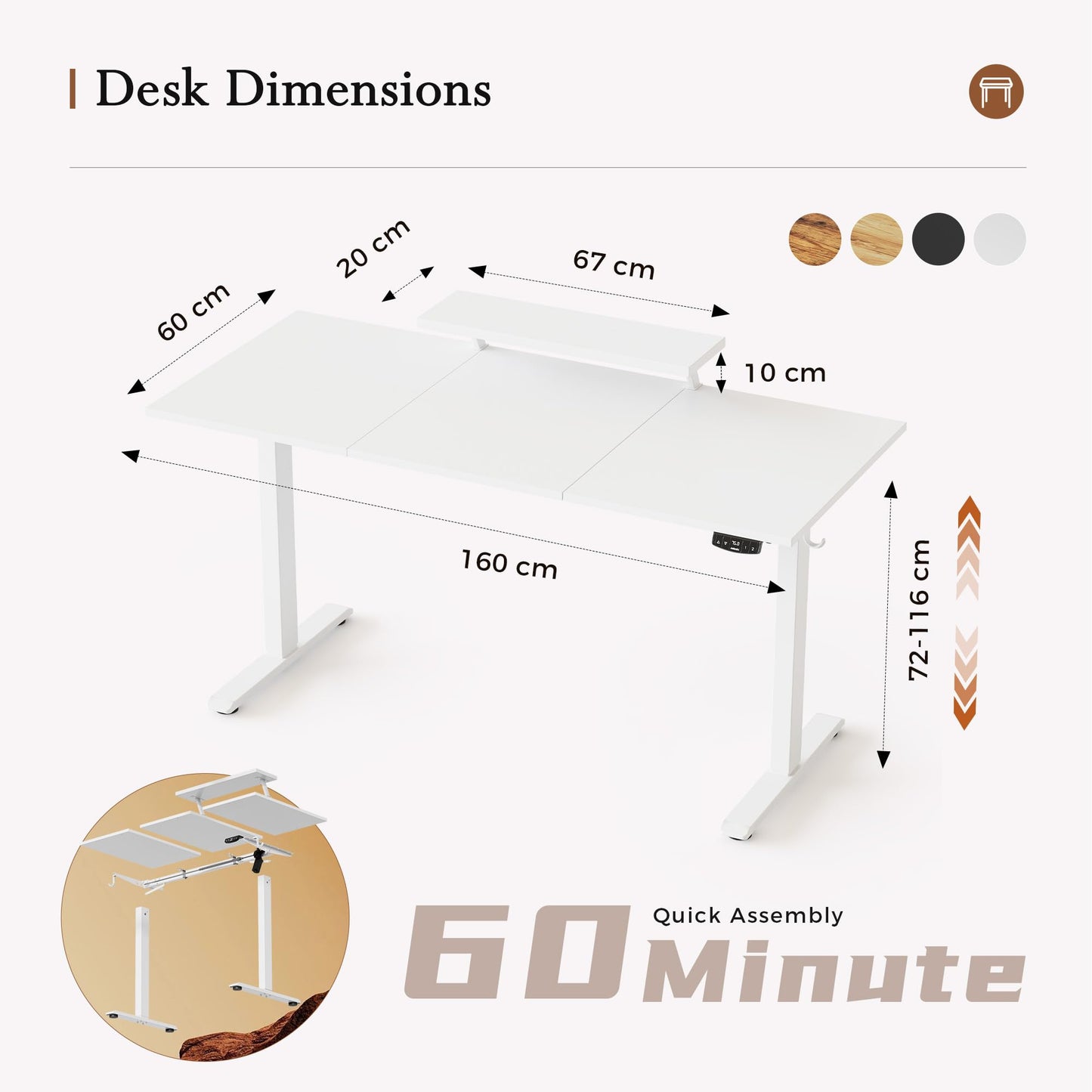 Klicelor Eletric Height Adjustable Desk, Movable Monitorstand, 160x60cm