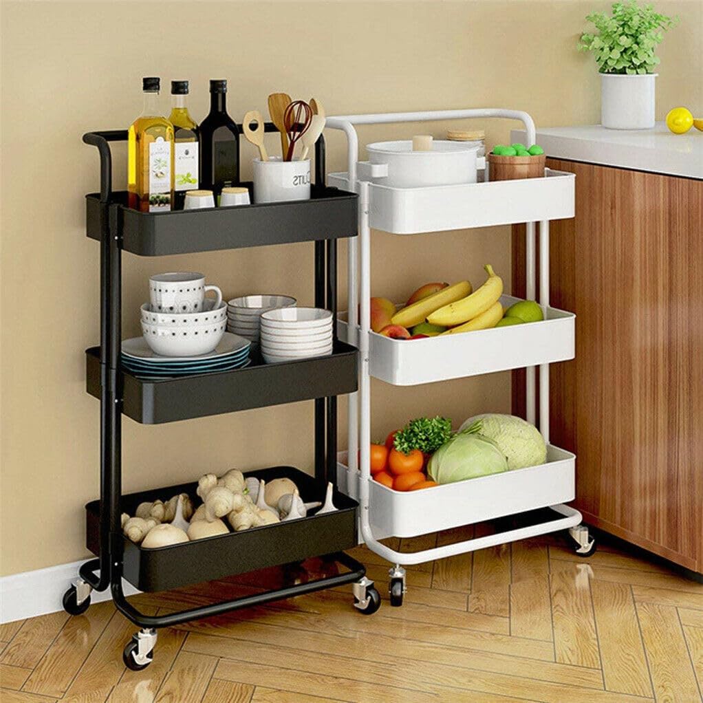 Multibao 3 Tier Storage Trolley on Wheels Cart Kitchen Utility Rolling Rack Tray Shelf for Kitchen Bathroom Laundry and Office (Black)