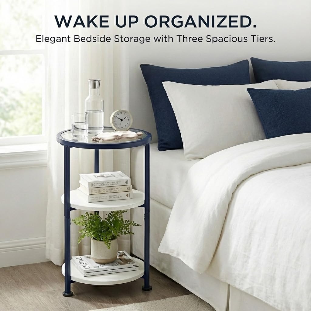 ZEXVIDA 3-Tier Round Side Table with Tempered Glass Top, Navy Blue