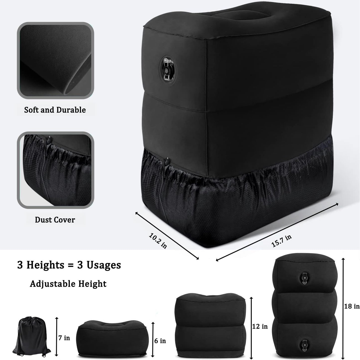 Inflatable Foot Rest Pillow, Airplane Travel Pillow, Multifunctional Adjustable 3 Layers Height Foot Rest
