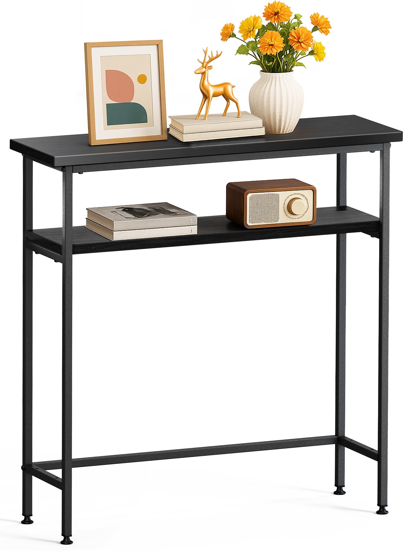 VOUNOT® Narrow Console Table, 2- Tier Slim Metal Frame Entryway Table, Small Sofa Side Table with Storage Shelf for Hallway, Living Room or Bedroom