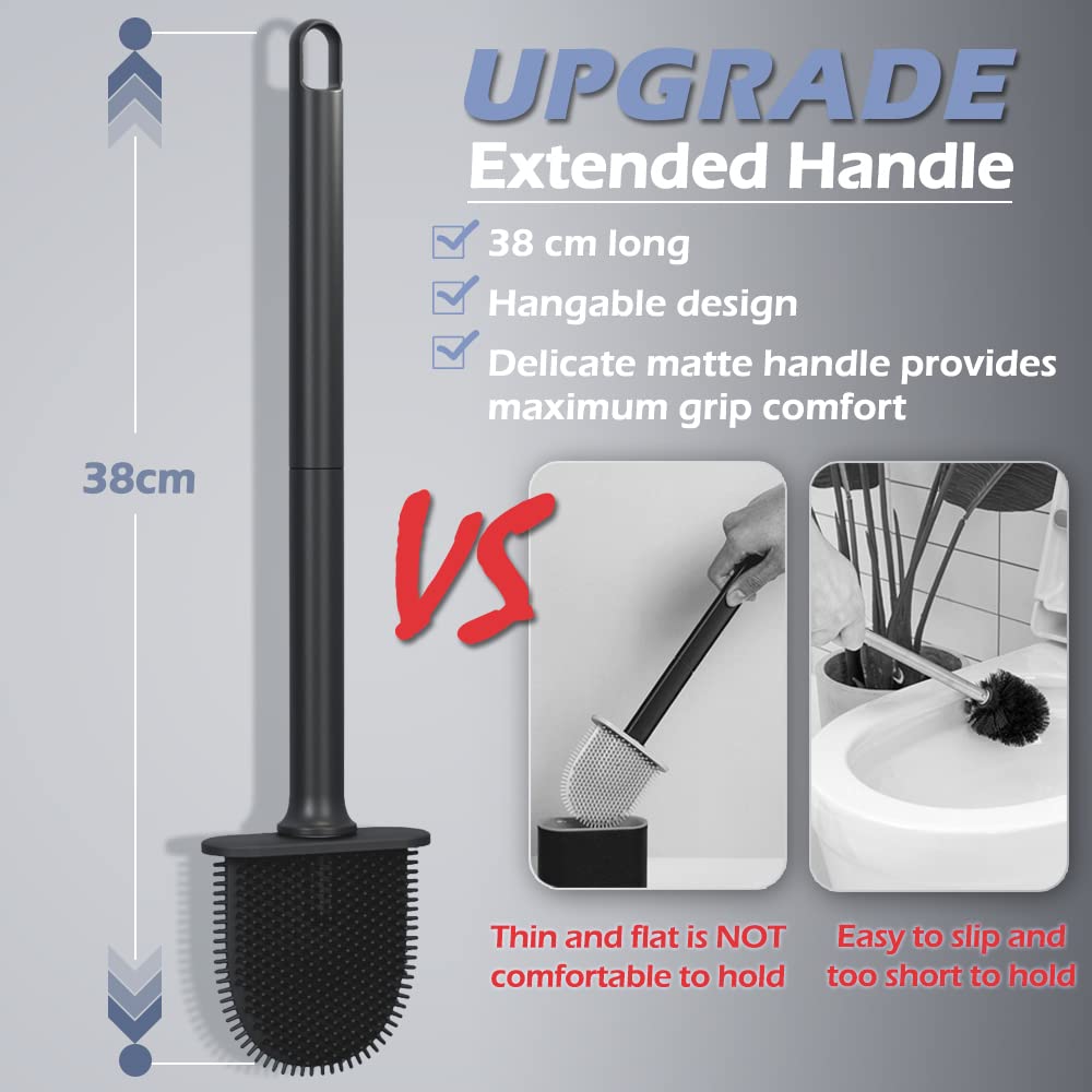 Athyior Silicone Toilet Brush with Holder Set - Flexible Bristles Toilet Brush Bendable Quick Drying Flooring Wall Mounted Long Handle Hygienic Deep