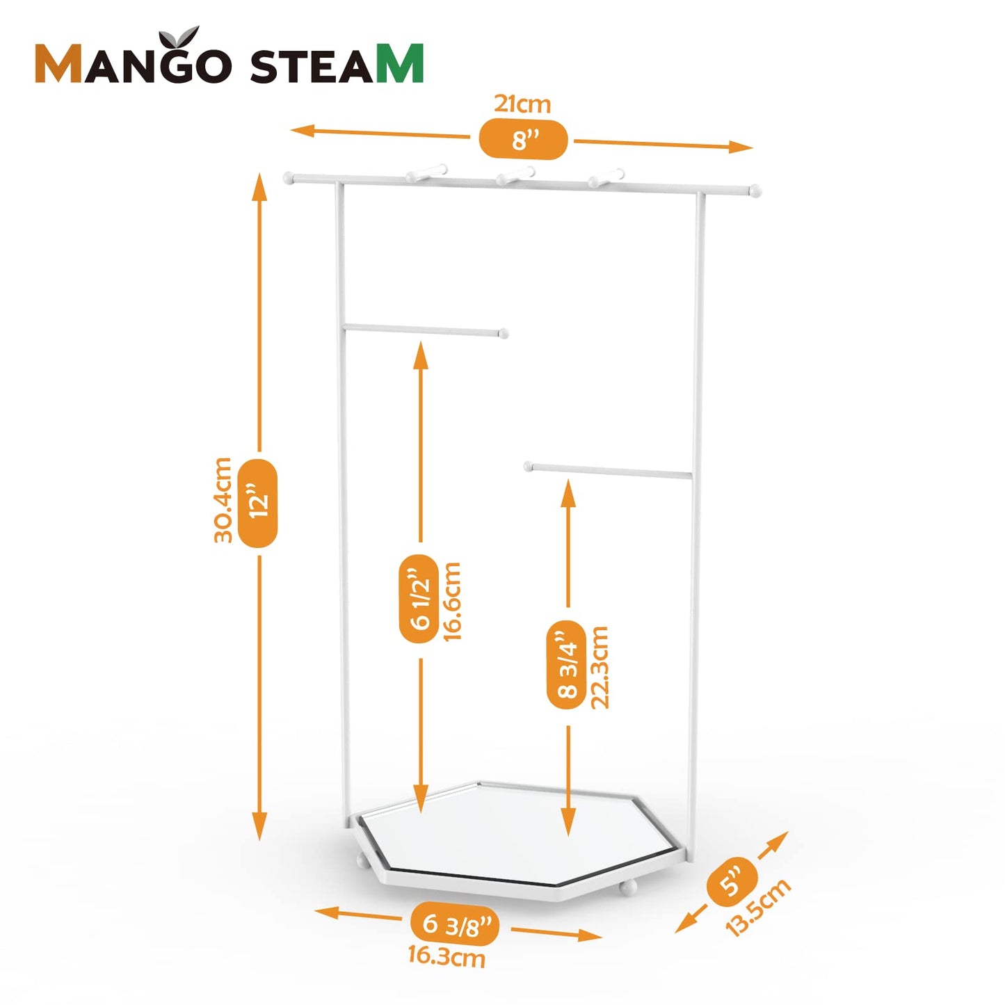 Mango Steam Tabletop Mirror Base Jewellery Tower/Display Stand for Bracelets, Necklaces, Hoop Earrings, Rings (Hexagon, White)