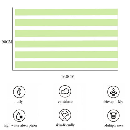 Large Quick Dry Microfibre Beach Towels for Adults,160X90cm Double Sides Green Stripe Bath Towel Travel Towels with Pockets,Lightweight Beach Towel