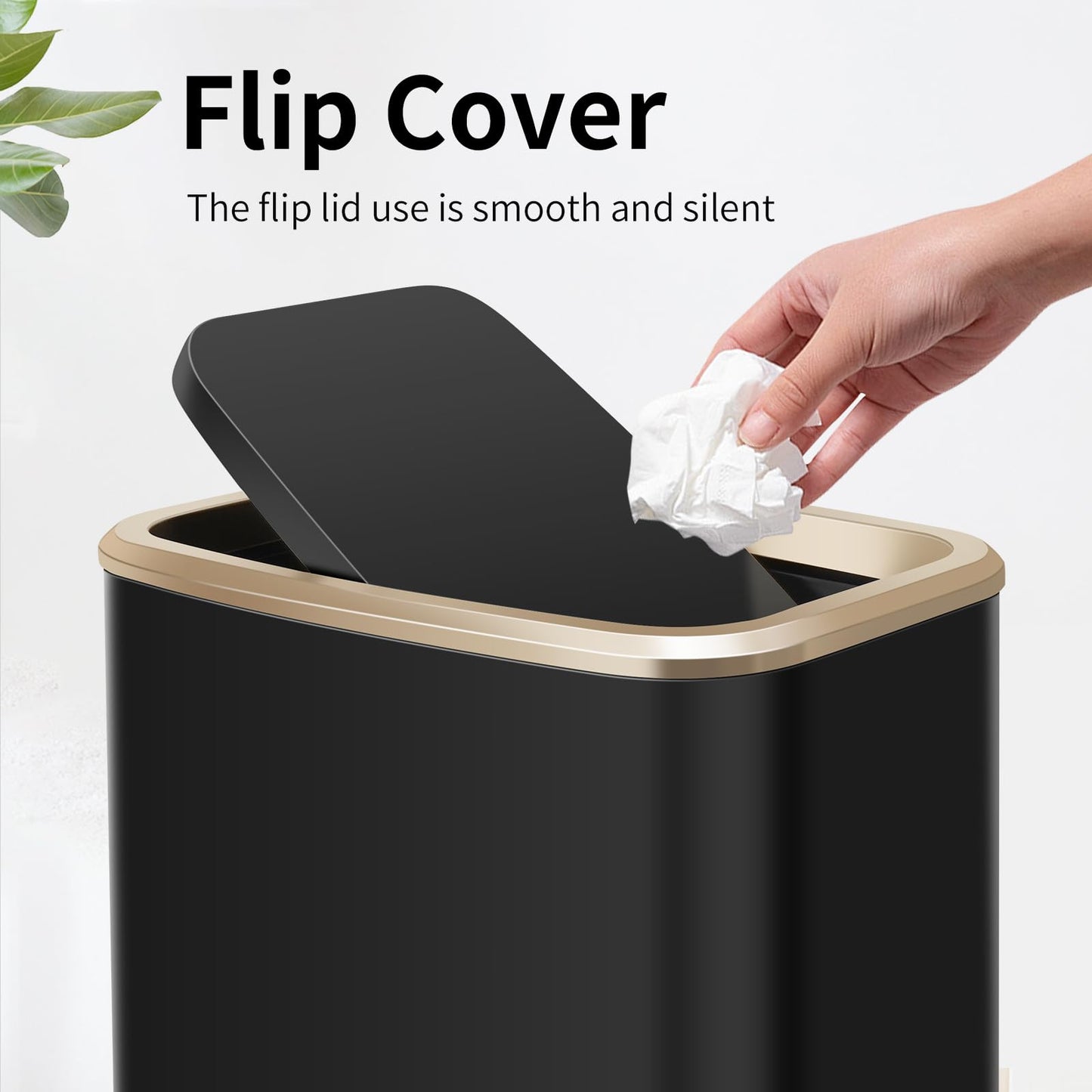 8L Small Bathroom Bin with Swing Lid,Slim Trash Bin for Bedroom,Black Gold
