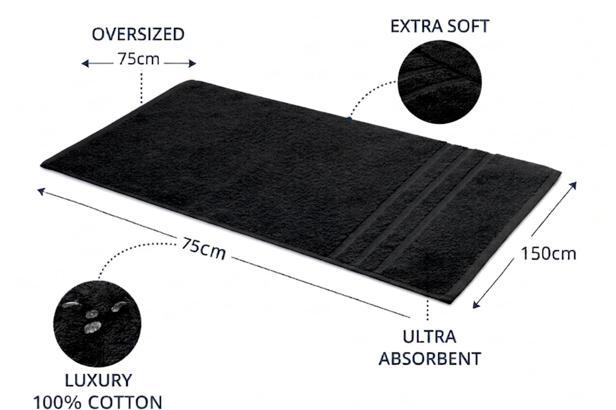 Opel Tex Pack of 2 Jumbo Bath Sheets 100% Cotton (75 x 150 cm -500GSM) Super Soft Absorbent & Quick Dry Hotel Quality Large Towels (Black)