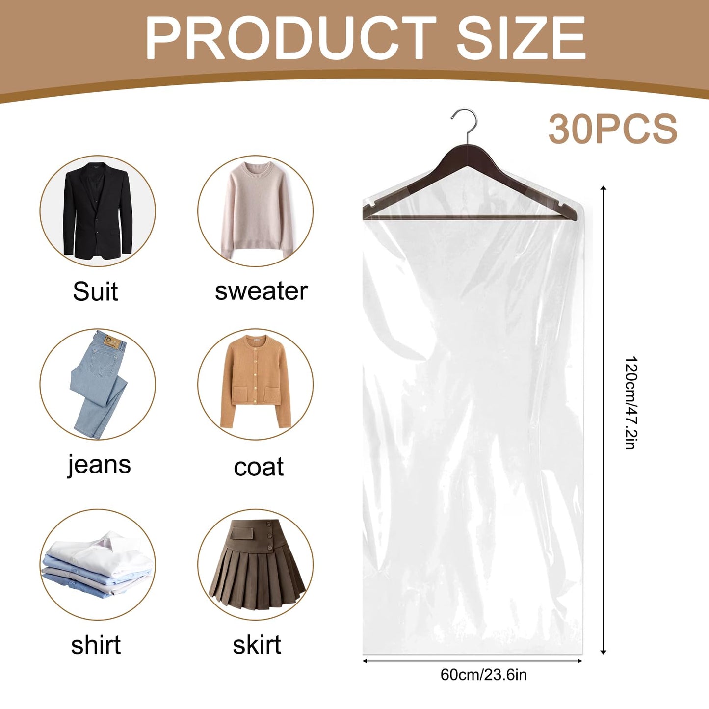 Plastic Garment Bags, 30 Pack Dry Cleaning Bags, Clear Clothes Covers, Dust Proof Garment Protector Covers, Garment Bags