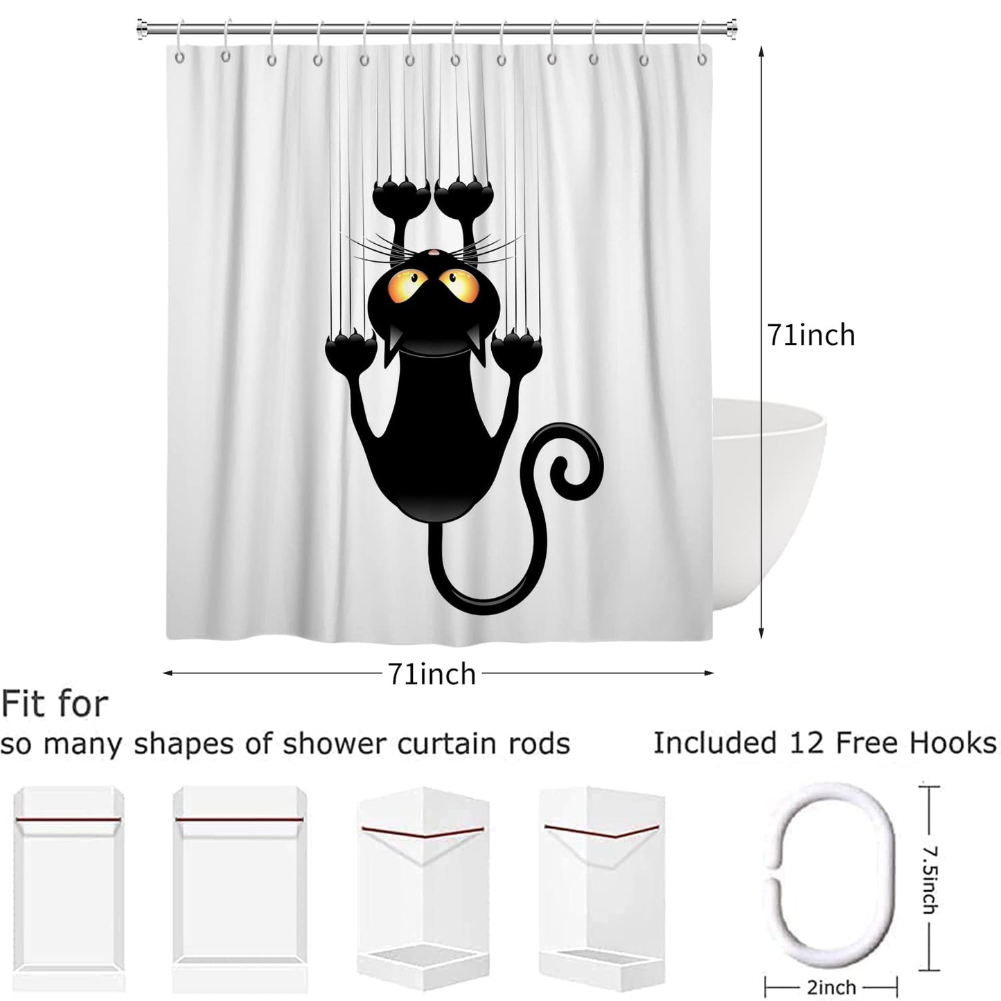 Hnmdmyi Funny Cat Shower Curtain 180x180, Black Kitten Scratching the Wall Bathroom Curtains Kids Cute Cartoon Animal Black and White Minimalism Art