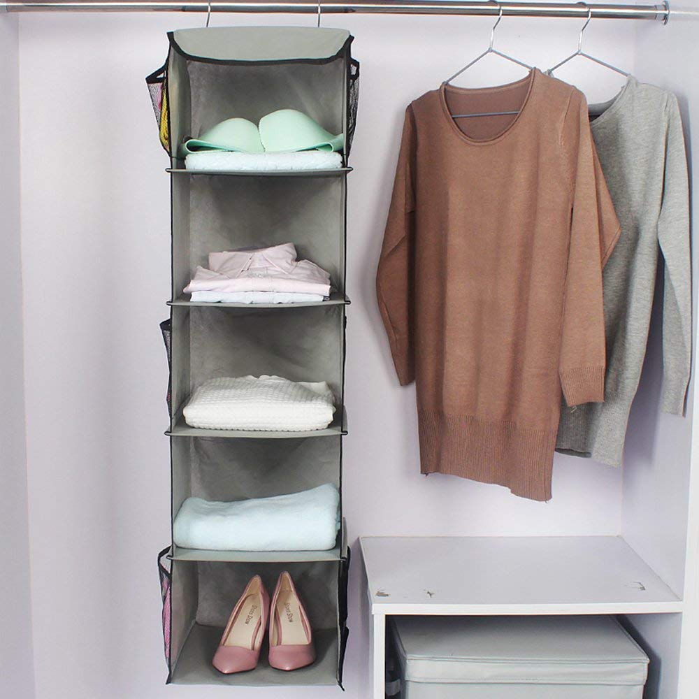 BrilliantJo Hanging Storage with 5 Shelves Set of 2 Wardrobe Closet Organiser, Storage Shelves Unit with 6 Pockets for Clothes - Grey 108H x 30W x 30L