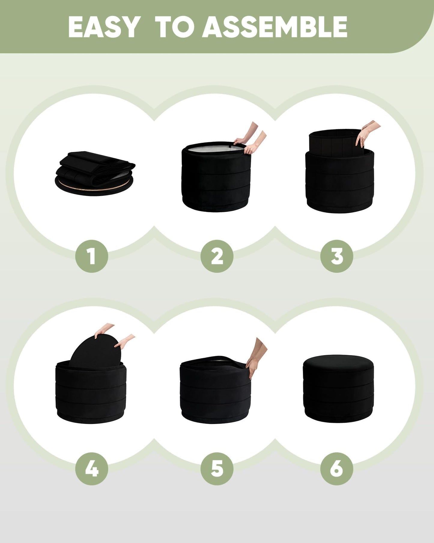 Bonlife Large Storage Ottoman Round - Folding Foot Rest with Hidden Storage, Black Velvet 58x58x44cm for Living Room, Bedroom & Hallway