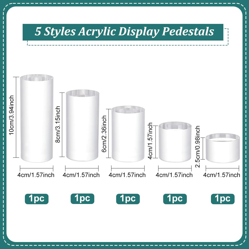 BENECREAT 5pcs Clear Acrylic Display Block - 3/4/6/8/10cm Round Cylinder Solid Pedestal Stand for Jewelry, Gem, Pop Figures & Cosmetic Showing