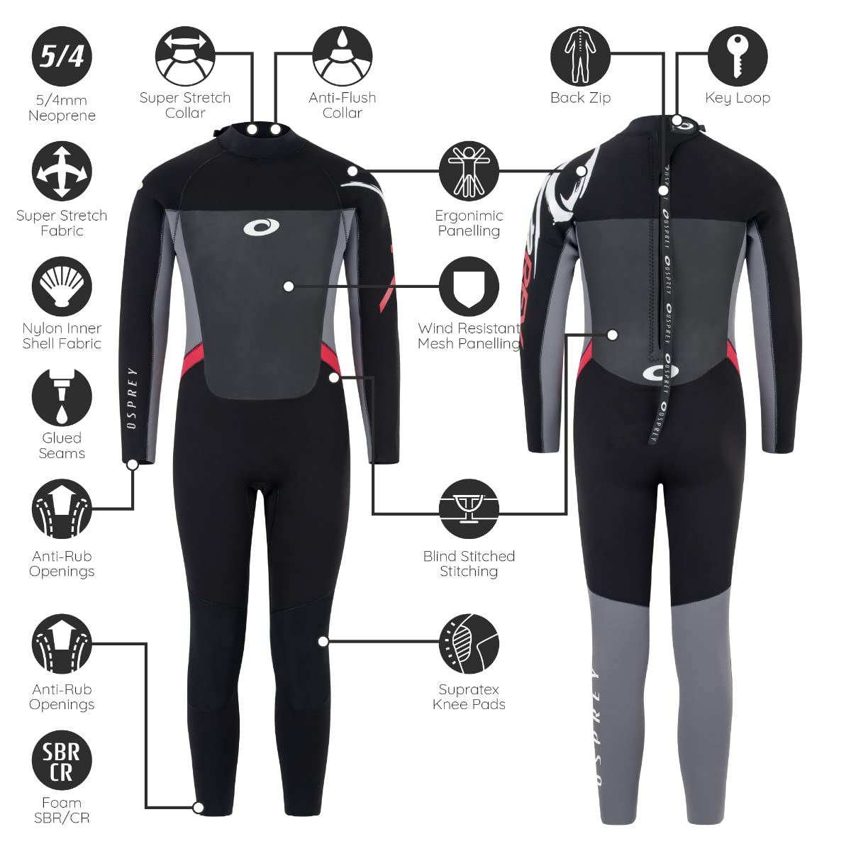 Osprey | Kids 5mm Wetsuit, Full-Length Winter Kids Neoprene Surfing Bodyboarding Wetsuit, Origin, Red