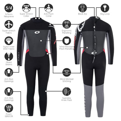 Osprey Boys Full Length 5 mm Winter Wetsuit, Kids Neoprene Surfing Bodyboarding Wetsuit, Origin, Red, Medium Short