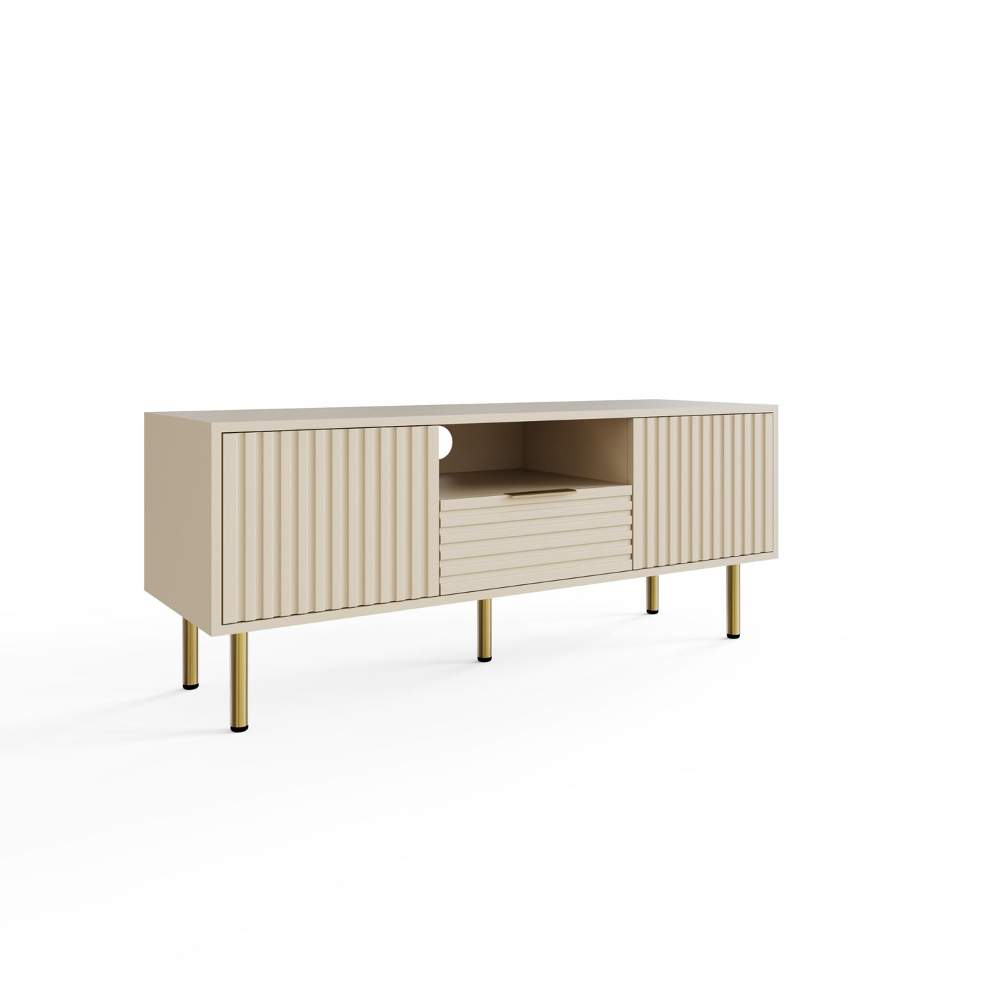 GFW Nervata TV Unit in Ivory, Art Deco Entertainment Stand with Drawer, Cupboards & Gold Effect Accents