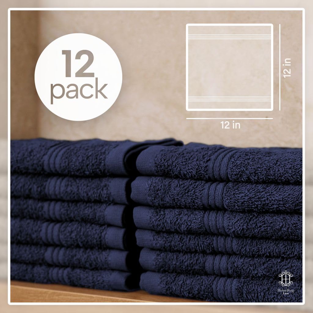 HomeBurg Luxe 12-Piece Washcloth Set - 100% Cotton, Soft & Absorbent, Easy Care, Premium Towels for Face & Daily Use, 30 x 30 cm, Navy Blue