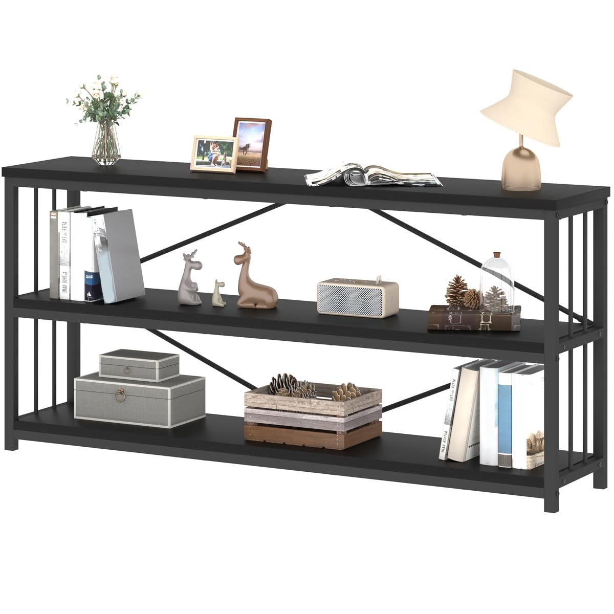 IBF 63" Black Low Horizontal Bookcase, Modern Long Wood Metal 3 Tier Book Shelf, Farmhouse Vintage Big Open Sturdy Bookshelf