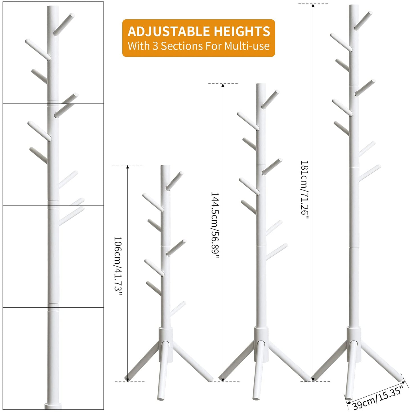 YMYNY Wooden Coat Rack Stand, Hall Tree Free Standing with 8 Hooks, Hallway Coat Hanger Hat Stand for Bag Umbrella Clothes Scarves, Adjustable Sizes