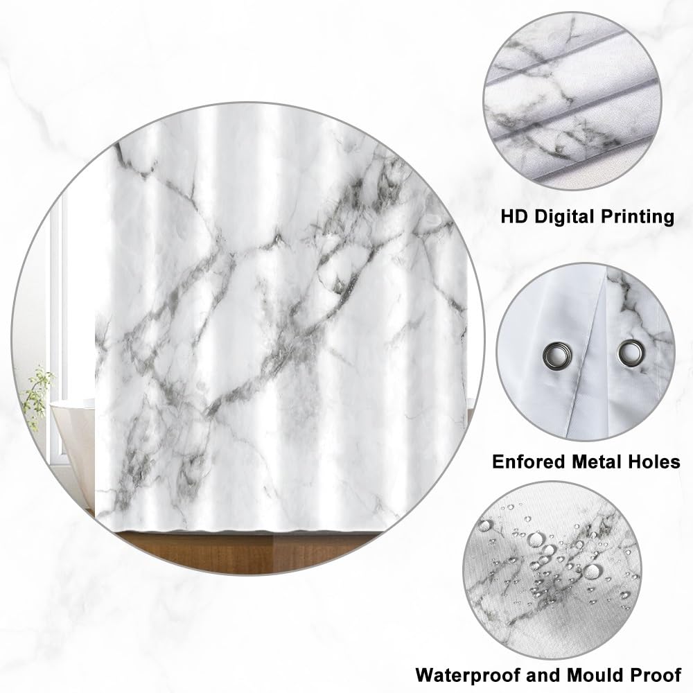 Uiiooazy White Marble Shower Curtain, Grey Effect Modern Bath Curtain Mildew and Mould Resistant Waterproof Polyester Fabric Washable Opaque Shower