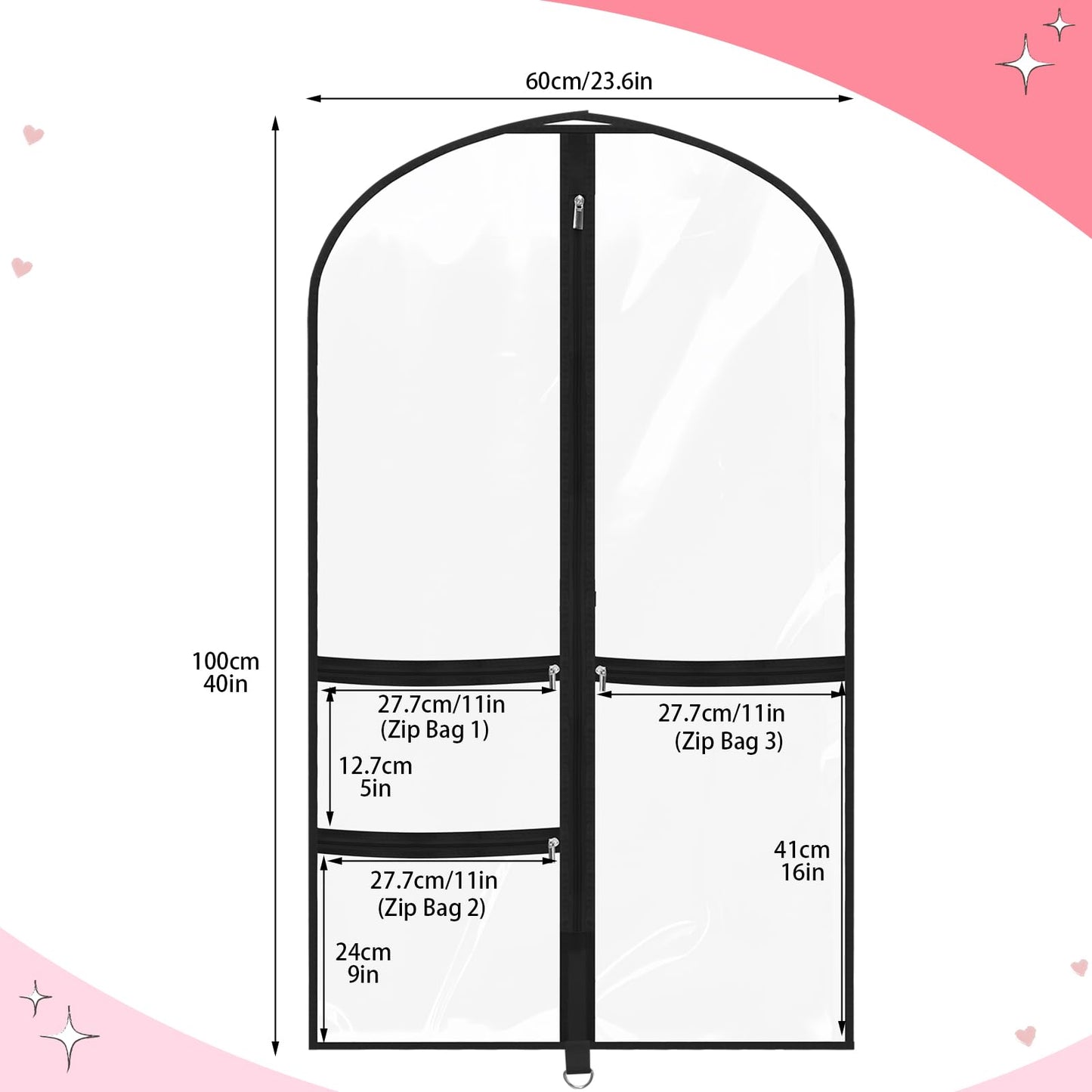 4 Pack Clear Dance Garment Bags 40" Dance Costume Bags with 3 Pockets,Black