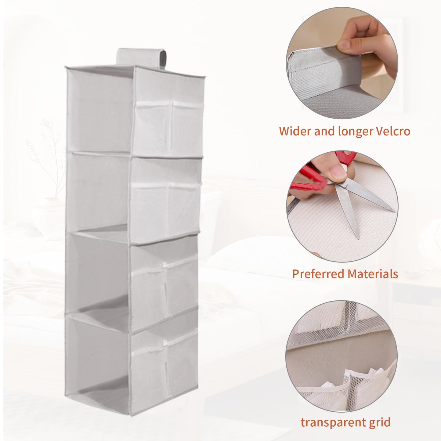DQZSY Pack of 2 Hanging Shelves Wardrobe, 4 Compartments Hanging Organiser Cupboard, with 12 Mesh Side Pockets for Family Cupboard, Bedroom