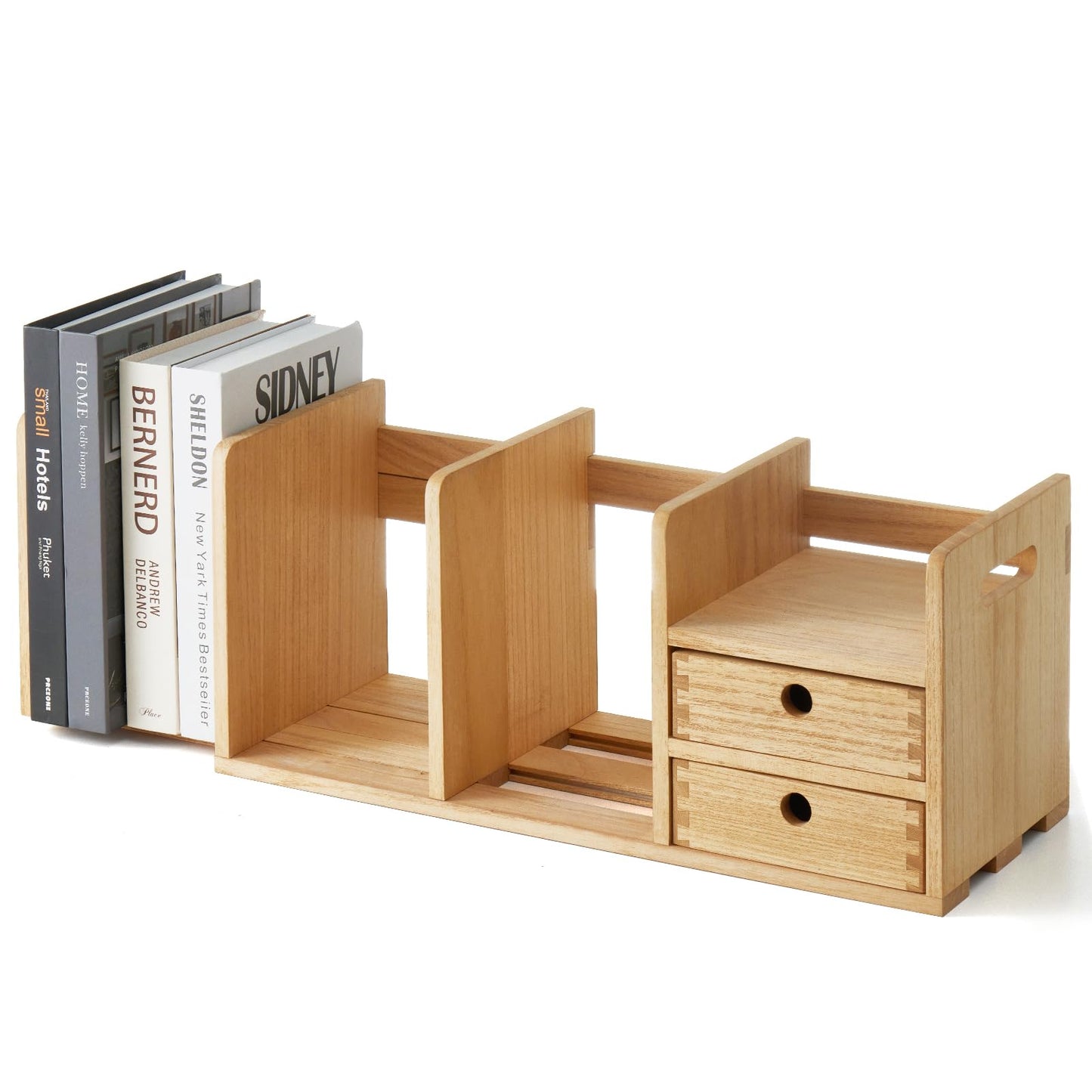 KIRIGEN Desktop Wooden Bookshelf, Expandable Book Organiser with 2 Drawers Desktop Bookcase Multifunction Storage Organizer Book Display Rack Home