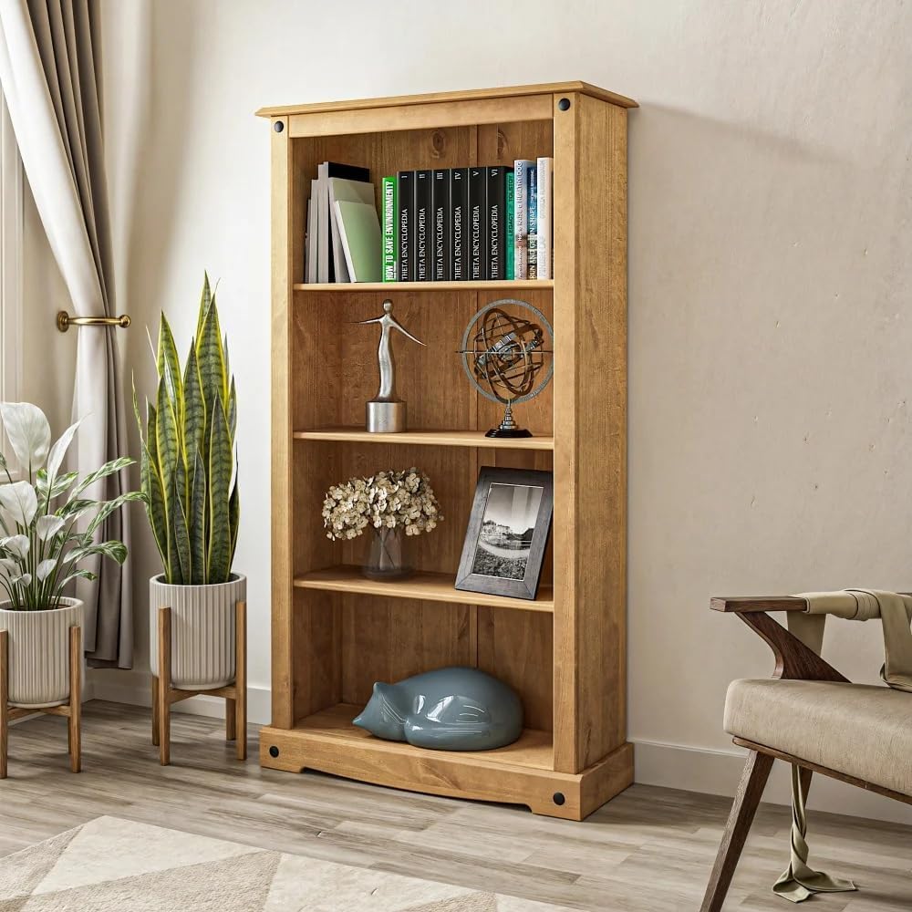 Mews Corona Bookcase Medium Solid Mexican Pine Wood with 3 Shelves - Rustic Farmhouse Style