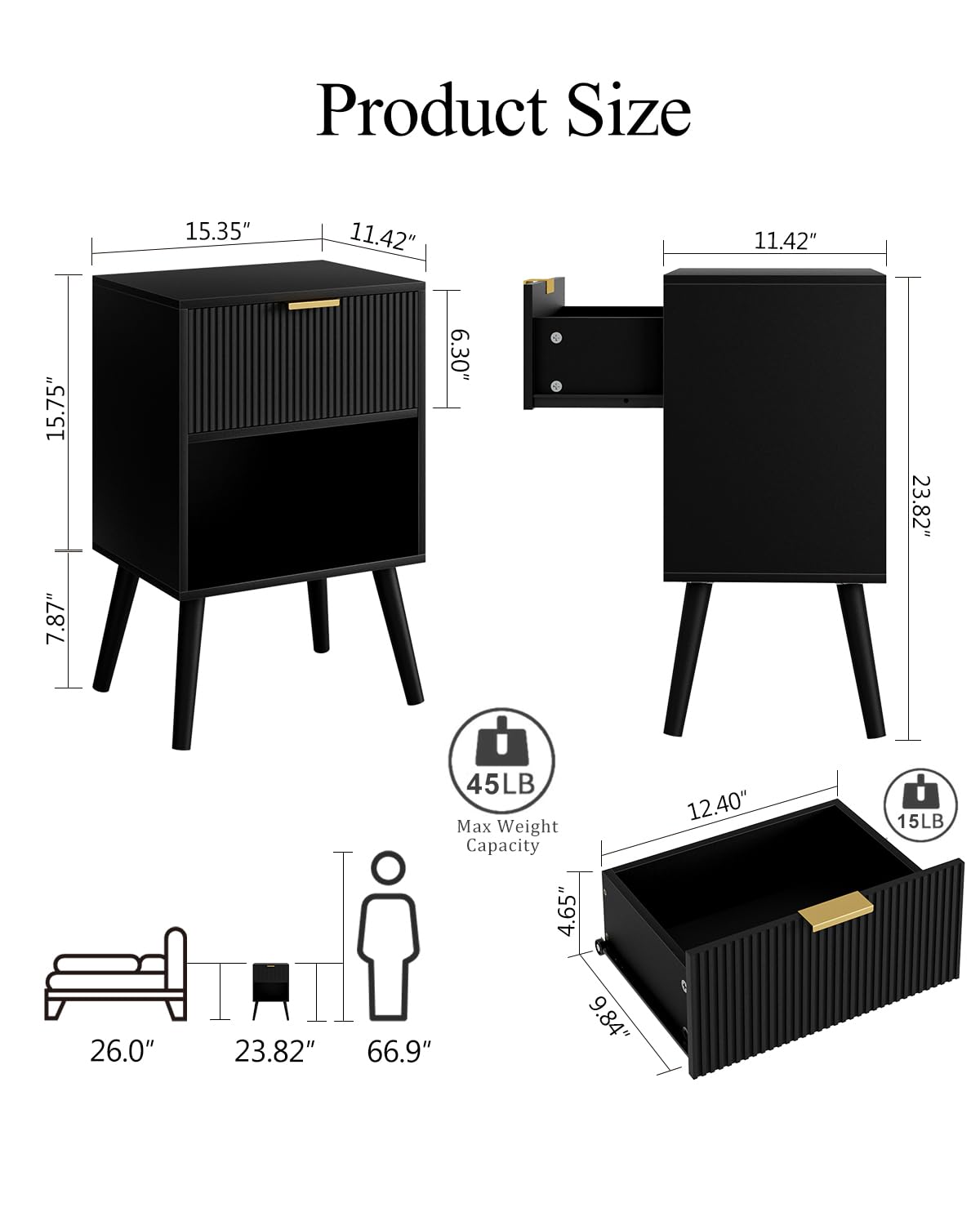 Apetaccat Bedside Table, Nightstand with Drawer and Storage Shelf, Black
