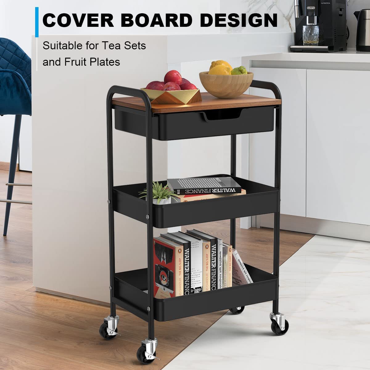 Shrivee 3-Tier Kitchen Trolley With Table and Drawer, All-Purpose Metal Shelf for Office, Salon, Cosmetics, Serving Cart for Kitchen, Bathroom