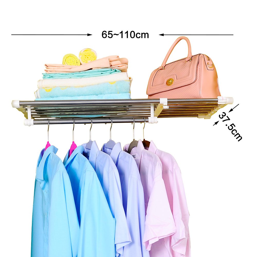 BAOYOUNI Extendable Closet Shelf Rod Clothes Hanger Organizer Heavy Duty Metal Storage Rack DIY Separator Divider (65-110cm)