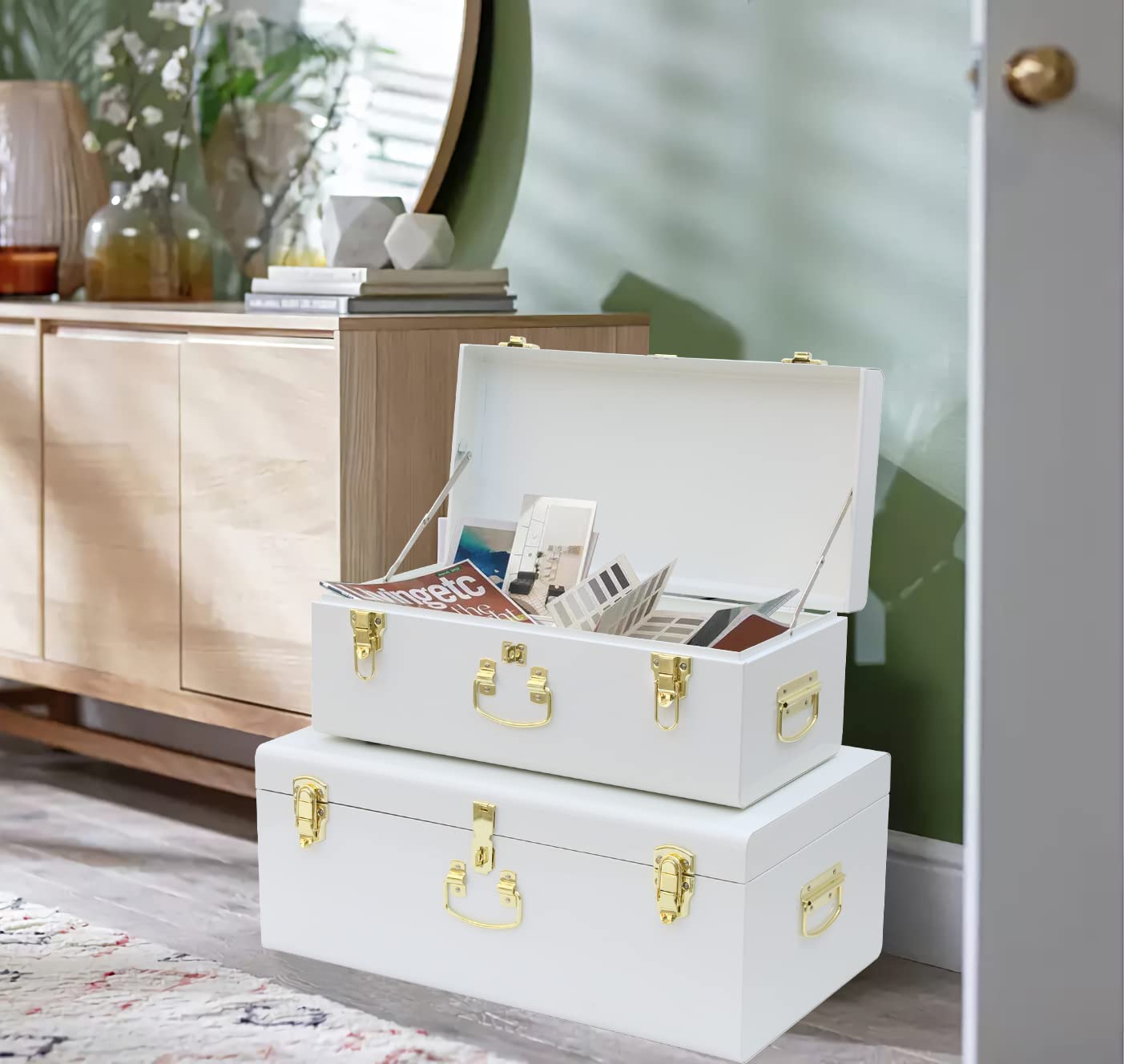 HofferRuffer Pack of 2 Metal Storage Trunk with Lockable Lid & Handles, Heavy Duty Storage Chest for Bedroom, Living Room, Bedding