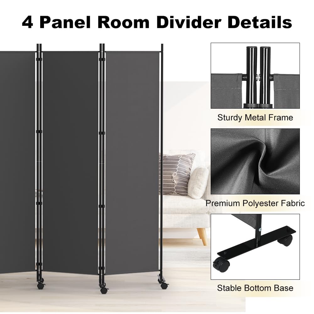 HIDODO 4 Panel Room Divider Folding Privacy Screen, Freestanding Room Partition with Lockable Wheels, Portable Wall Divider for Room Separation
