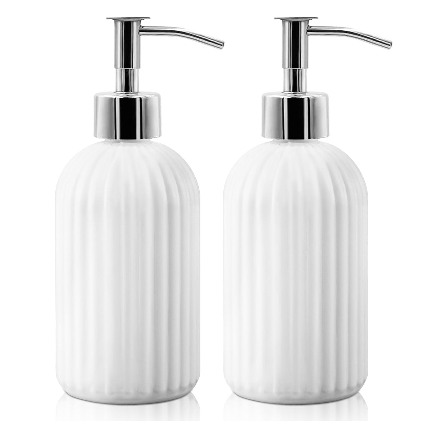 2 Pack Glass Soap Dispenser Bottle with Pump, 14 Oz Refillable Liquid Hand Jar Dispenser for Bathroom, Countertop, Kitchen, Laundry Room (White)