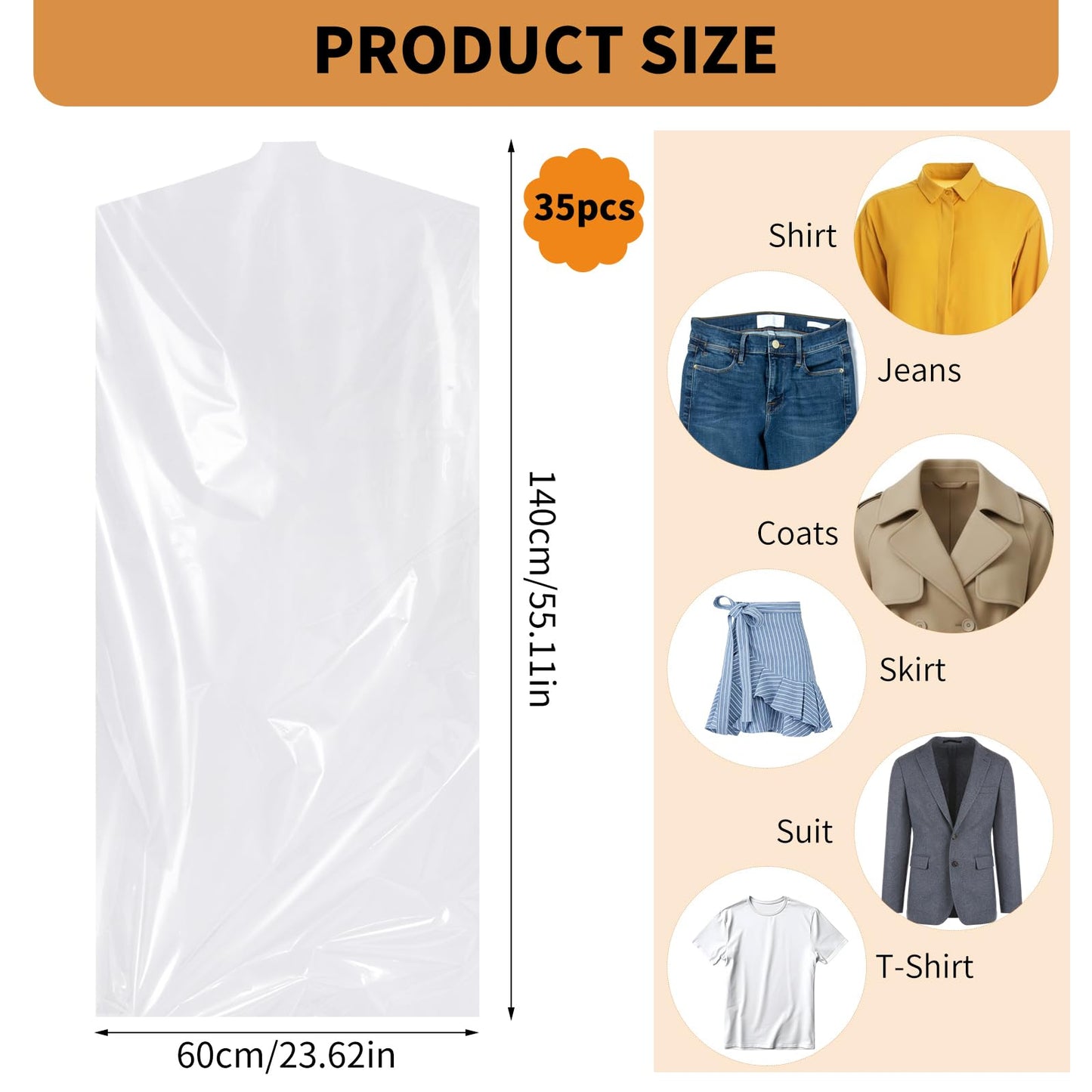 35 Pack Plastic Clothes Covers, Dry Cleaning Bags, Garment Bags 60 * 140 cm