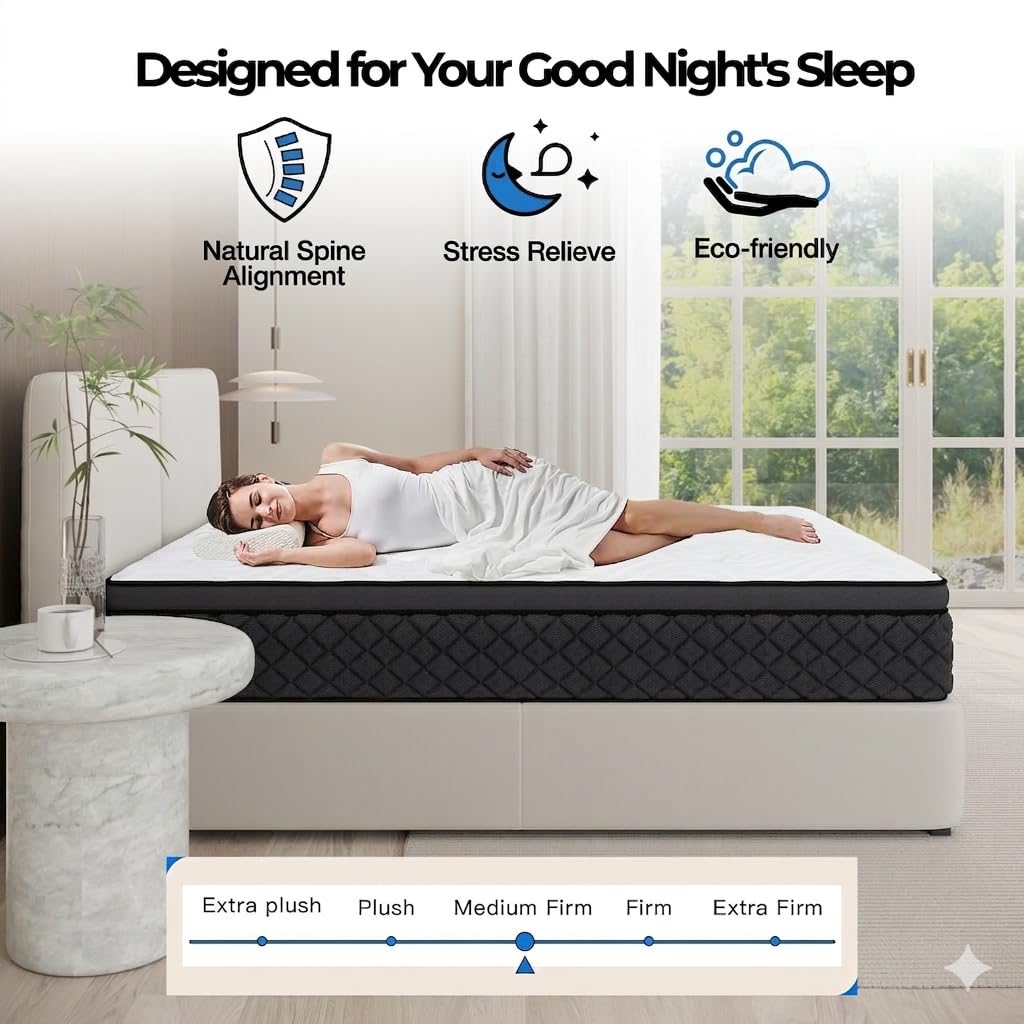 Azure 3FT Single Hybrid Mattress, 12-Inch Individual Pocket Spring & Gel Memory Foam, 7-Zone Support, Motion Isolation, Medium Firm