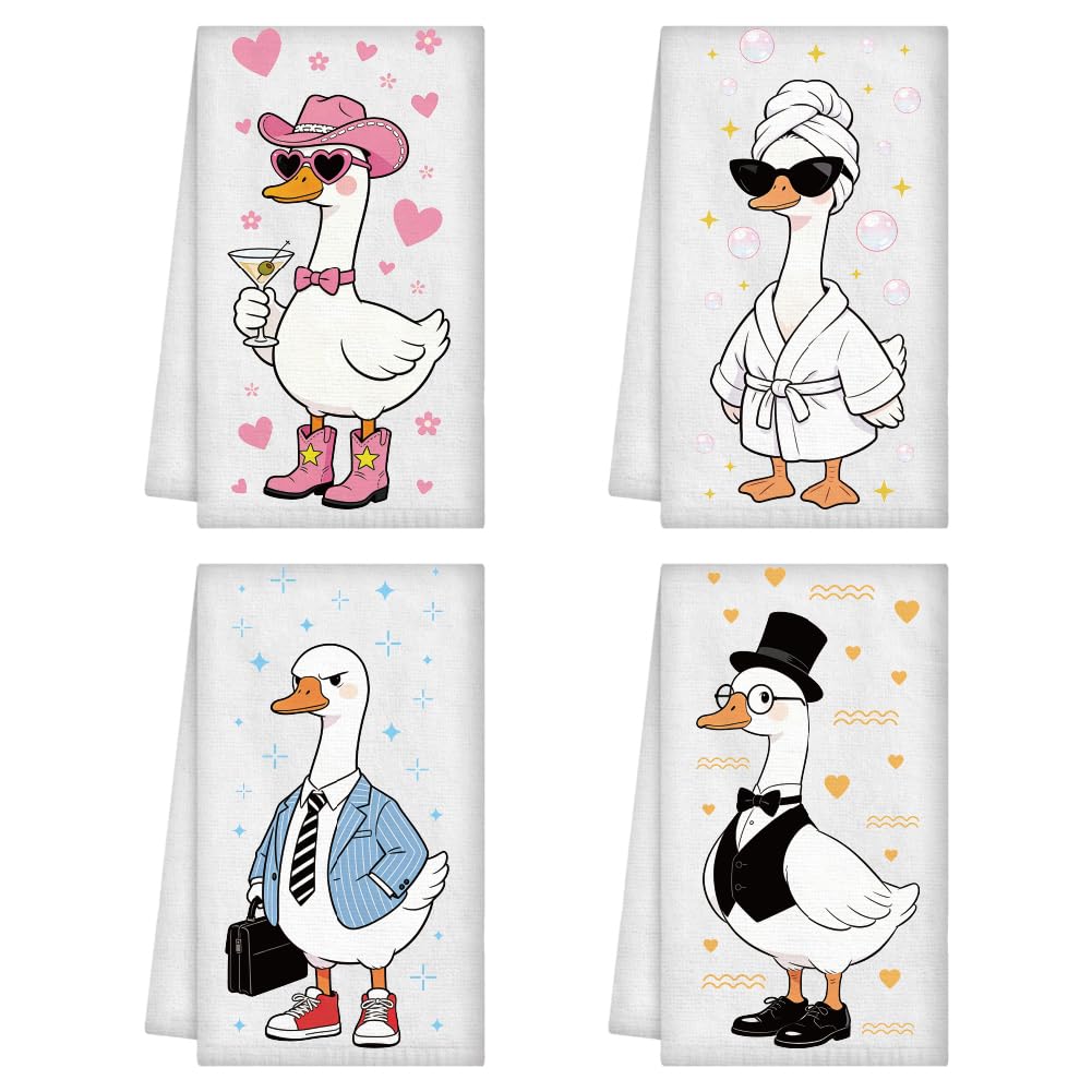 WADORN 4Pcs Funny Goose Kitchen Hand Towels, Cute Goose Kitchen Dish Tea Towels 24 x 16 Inch Soft Microfiber Absorbent Home Bathroom Decorative Gifts